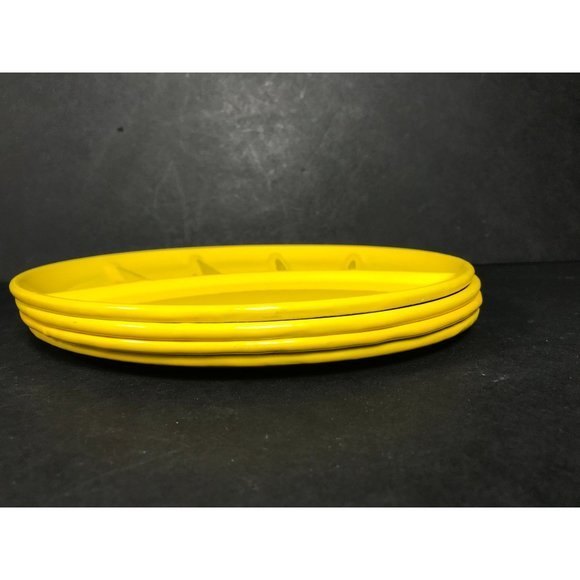 1 Vintage yellow MCM enamel divided dish Mid century modern metal fondue plate, - Picture 9 of 10